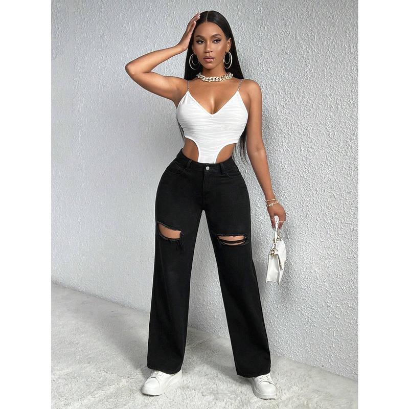 SHEIN SXY Single Button Cut Out Ripped Frayed Wide Leg Jeans SHEIN