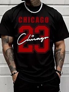 Short Sleeve Men's Fashion Casual Trendy Street Style Graphic T-Shirt with CHICAGO Text Red Number 23 and White Signature Pattern Adults Men Sportswear Suitable for Casual Wear Daily Outings and Sporty Occasions.