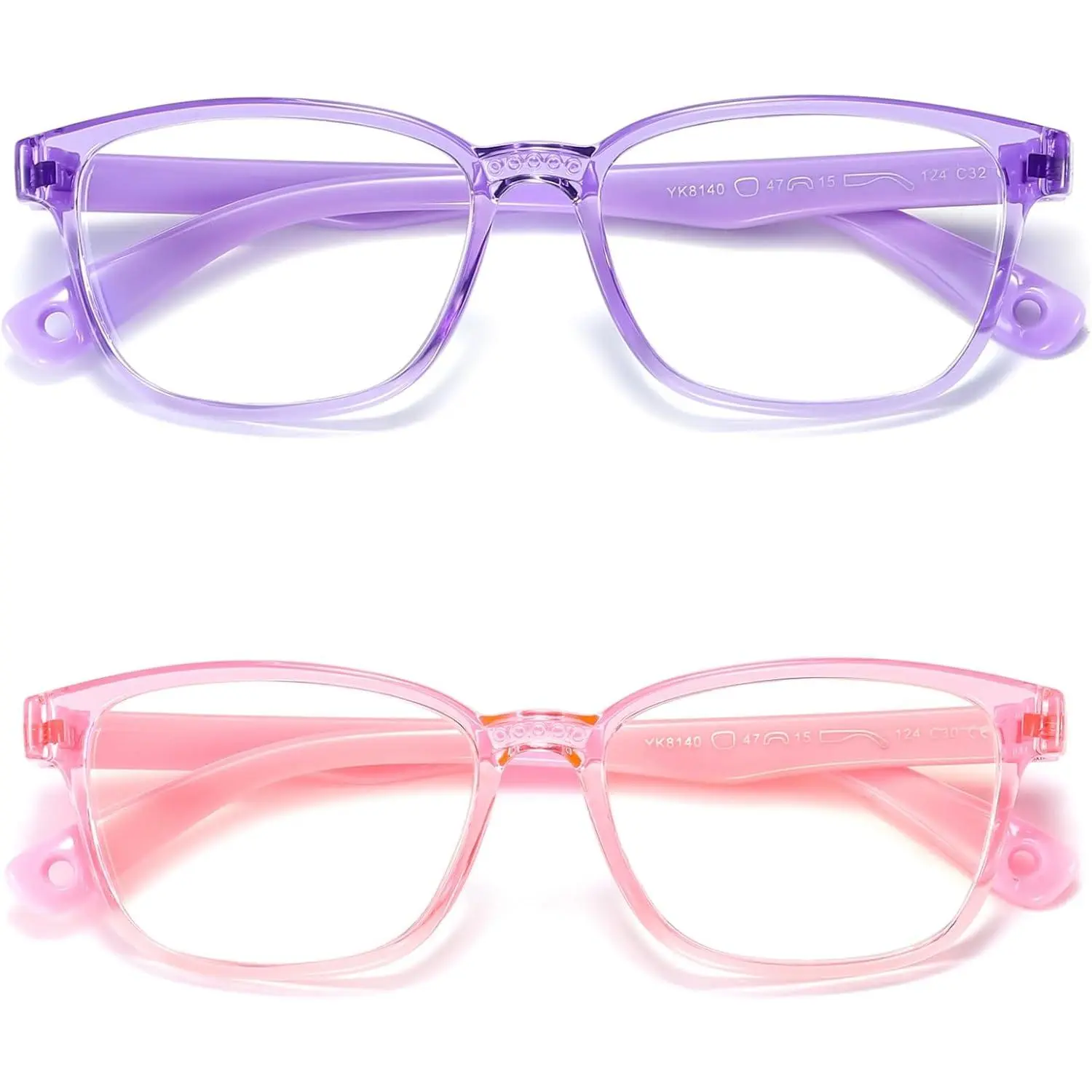 L-SGL002 Kids Blue Light Blocking Glasses 2 Pack, Anti Eyestrain & UV Protection, Computer Gaming TV Phone Glasses for Boys Girls Age 3-9 (Transparent Purple+ Transparent Pink)