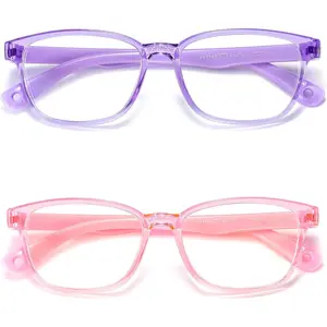 L-SGL002 Kids Blue Light Blocking Glasses 2 Pack, Anti Eyestrain & UV Protection, Computer Gaming TV Phone Glasses for Boys Girls Age 3-9 (Transparent Purple+ Transparent Pink)