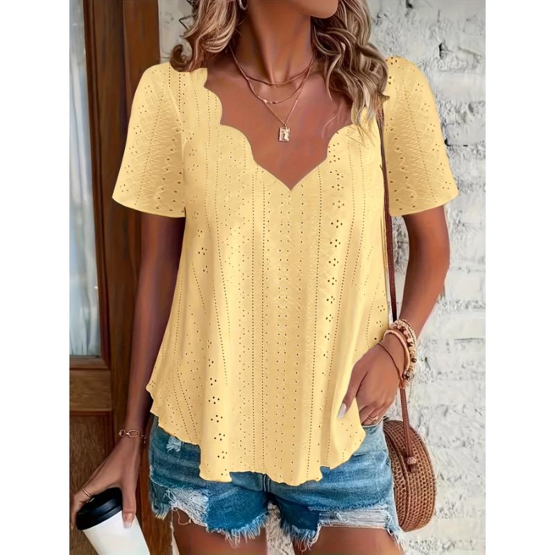 V Neck Plus Size Casual Short Sleeve Eyelet Scallop Trim T-Shirt - Spring & Summer Top For Women  Collar Fabric Elegant White Chic Womenswear Blouse Shortsleeve Vneck Spandex Vibe Knit Fitted Fluorescent Green