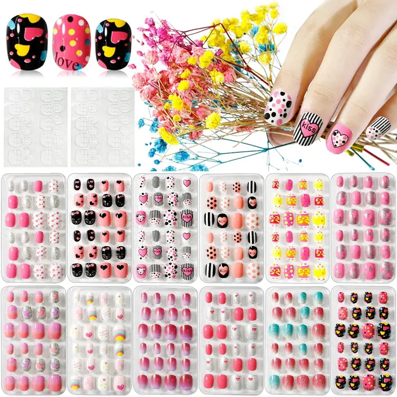 Kalolary Kids' 288PCS Easy-Apply Mess-Free Press-On Nails Kit - Full Cover Candy Pattern Short Styles, 48PCS Adhesive Tabs, Different Sizes, DIY Nail Art, Mommy & Me Valentine's Day Gift in Box