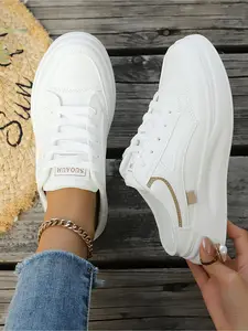 Minimalist White Platform Slip-On Mule 2026 Summer New Style, Lace-Up Design, Soft Sole Anti-Slip Height-Extending Slimming Effect, Lazy Outing Essential, Versatile Sporty Casual Half-Slide