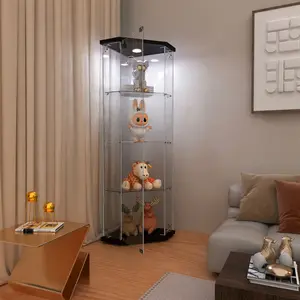 Glass Display Cabinet with 4 Shelves,Pentagon,LED,Curio Cabinets for Living Room, Bedroom, Office, Black Floor Standing Glass Bookshelf, Quick Installation