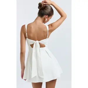 Ida Mini Dress - Wide Strap Straight Neck  Bow Back Dress in White