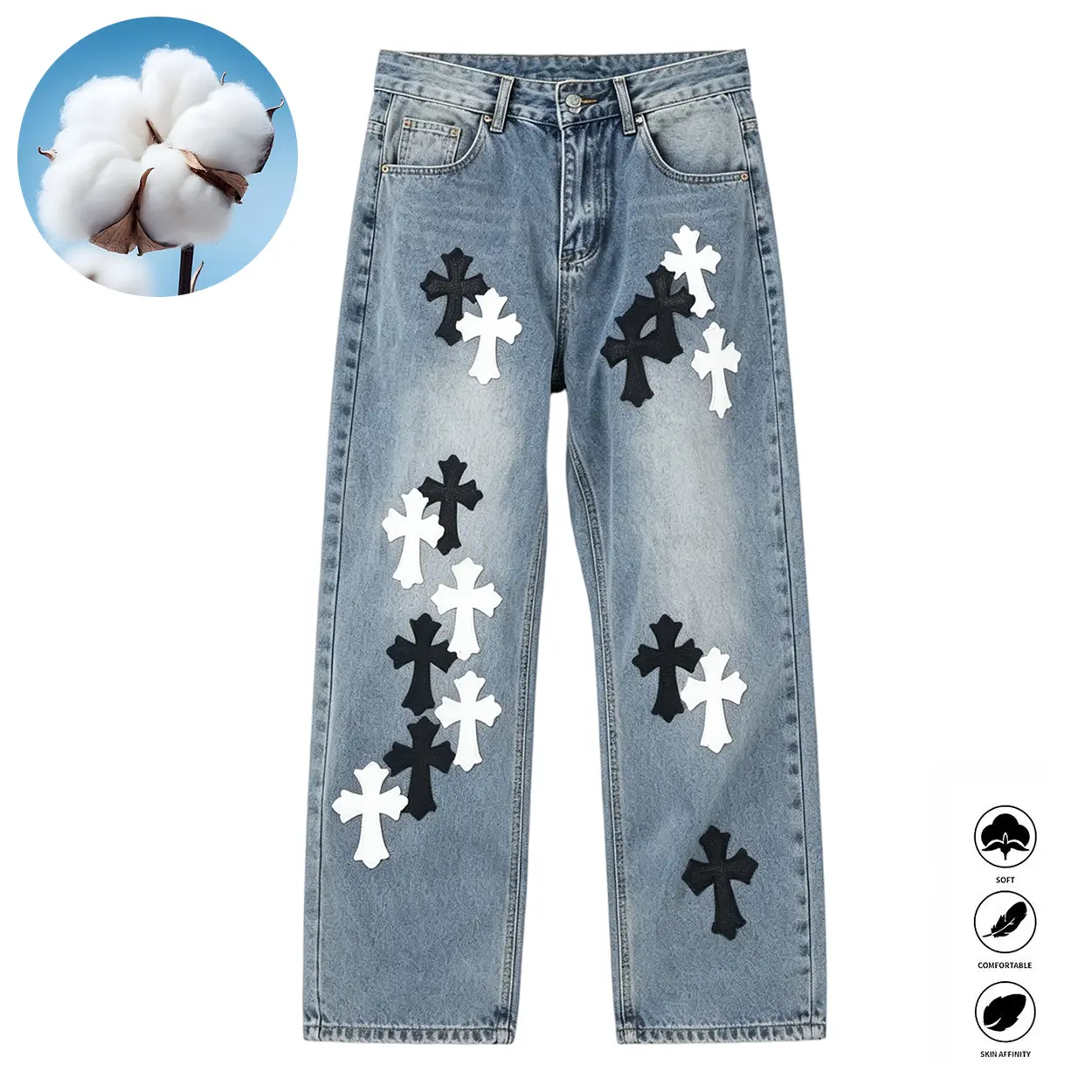 Men’s gothic black-and-white cross patch loose jeans, loose straight-leg vintage jeans, Y2K street-style apparel
