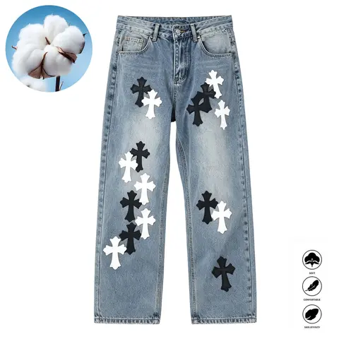 Men's Gothic Cotton Blend Solid Black-White Cross Patch Lightweight Loose Straight-Leg Vintage Jeans, Menswear Streetwear Casual Pants, Men's Clothing Bottoms