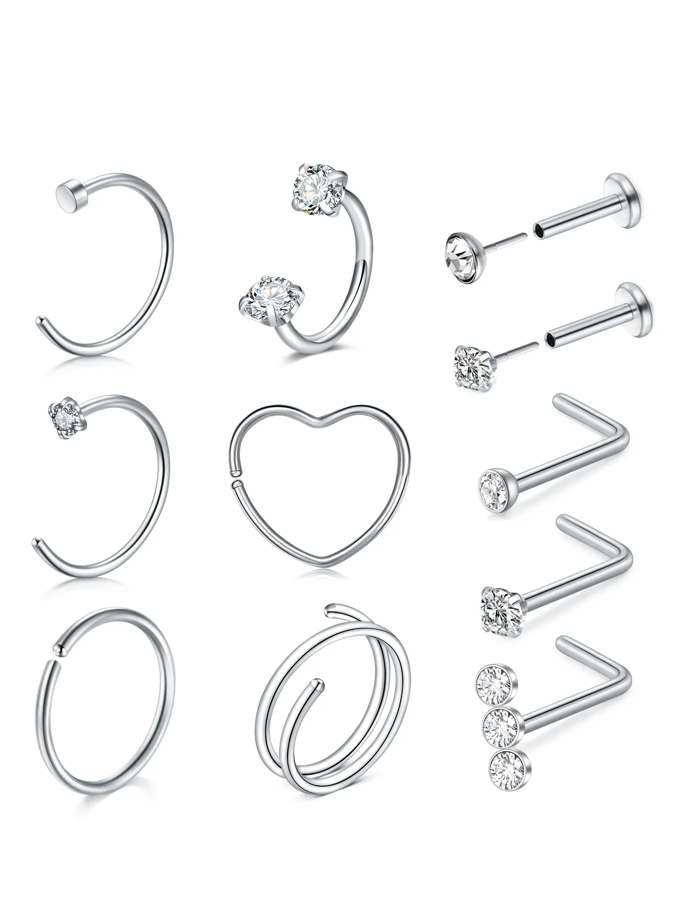Stainless Steel Cz Decorative Nose Ring Set, Nose Rings L Shaped, L Shape C Shape Stud Earrings, 20g Body Jewelry for Men Women, Festival Gift, Body Piercing Jewelry