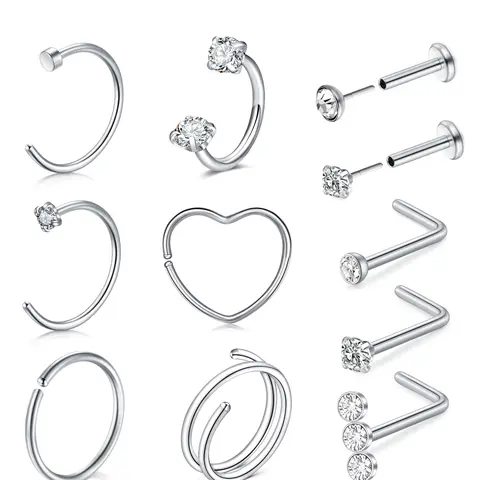 Stainless Steel Cz Decorative Nose Ring Set, Nose Rings L Shaped, L Shape C Shape Stud Earrings, 20g Body Jewelry for Men Women, Festival Gift, Body Piercing Jewelry