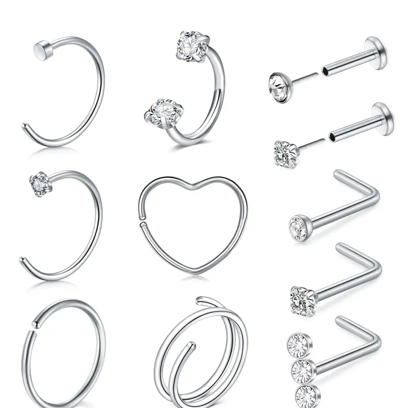 Stainless Steel Cz Decorative Nose Ring Set, Nose Rings L Shaped, L Shape C Shape Stud Earrings, 20g Body Jewelry for Men Women, Festival Gift, Body Piercing Jewelry