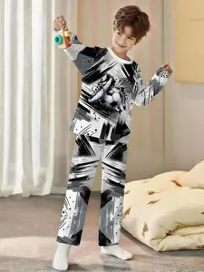 2-piece set of "Black and White Football Journal" boys' long-sleeved pajamas with digital printing, extended sleeping pants made of flame-retardant fabric. A stylish, trendy, casual, comfortable and soft pajama set, suitable for sleeping and home relaxati