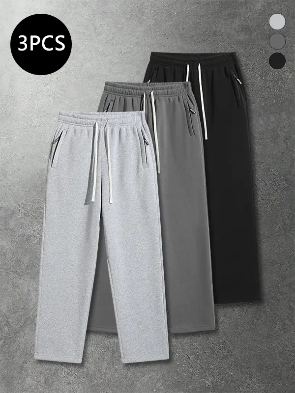 Men’s 3-Pack Spring/Autumn Loose Straight-Leg Solid Color Drawstring Elastic High-Street Versatile Casual Sport Long Pants – Baggy Wide-Leg Sweatpants, Loose Fit Joggers, SohoChic