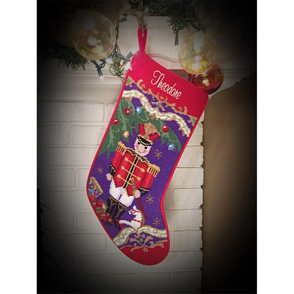 212 MAIN Embroidered Needlepoint Soldier Motif Christmas Stocking - 11x18 in Cotton-Poly Velvet, Machine Washable Unisex Holiday Decorating Festive Home & Party Supply, Christmas Decorations