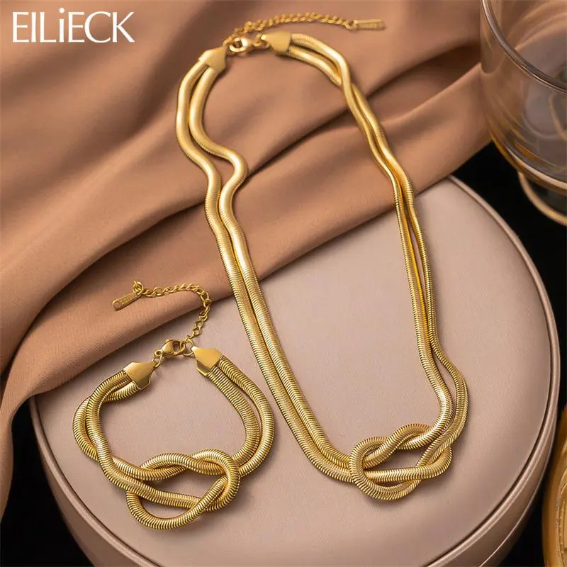 EILIECK New Fashion Stainless Steel Knotting Chain Necklace Bracelet For Women Trendy Gold Color Waterproof Jewelry Set Gift