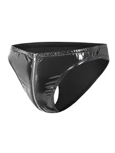 Men's Sexy Low Waist Shiny Leather Open Back Shorts, Front Zipper No Panties Men's Thong Underwear, Slim Fit Cut, Street Style Underwear