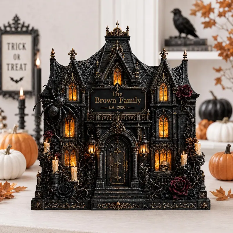 Personalized Haunted House Wooden Block, Custom Gothic Home Display, Family Name Keepsake, Halloween Table Decoration, Unique Home Gift, Vintage Halloween Decor