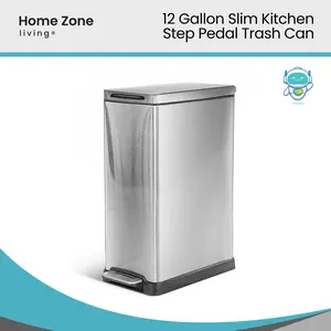 Home Zone Living 12 Gallon Slim Stainless Steel Kitchen Trash Can with Step Pedal and Soft Close Lid