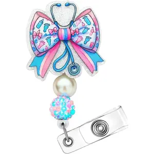 Labor and Delivery Badge Reel Pastel Ribbon Stethoscope Cute Bottle Footprint Nurse ID Name Holder Retractable Clip Medical Work Accessories Gifts for Maternity NICU OB Pediatric Postpartum Midwife