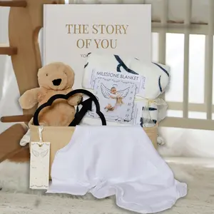 Heavenly Dreams Angel Deluxe Milestone Gift Basket. Baby shower personalized blanket, 1st yr memory book, keepsake plush bear, gender neutral