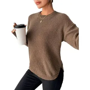 Brown Casual Knitwear Women's Pullover Sweater Long Sleeve Round Neck Drop Shoulder Medium Length Polyester Fiber Daily Wear Autumn Winter Elegant Ribbed