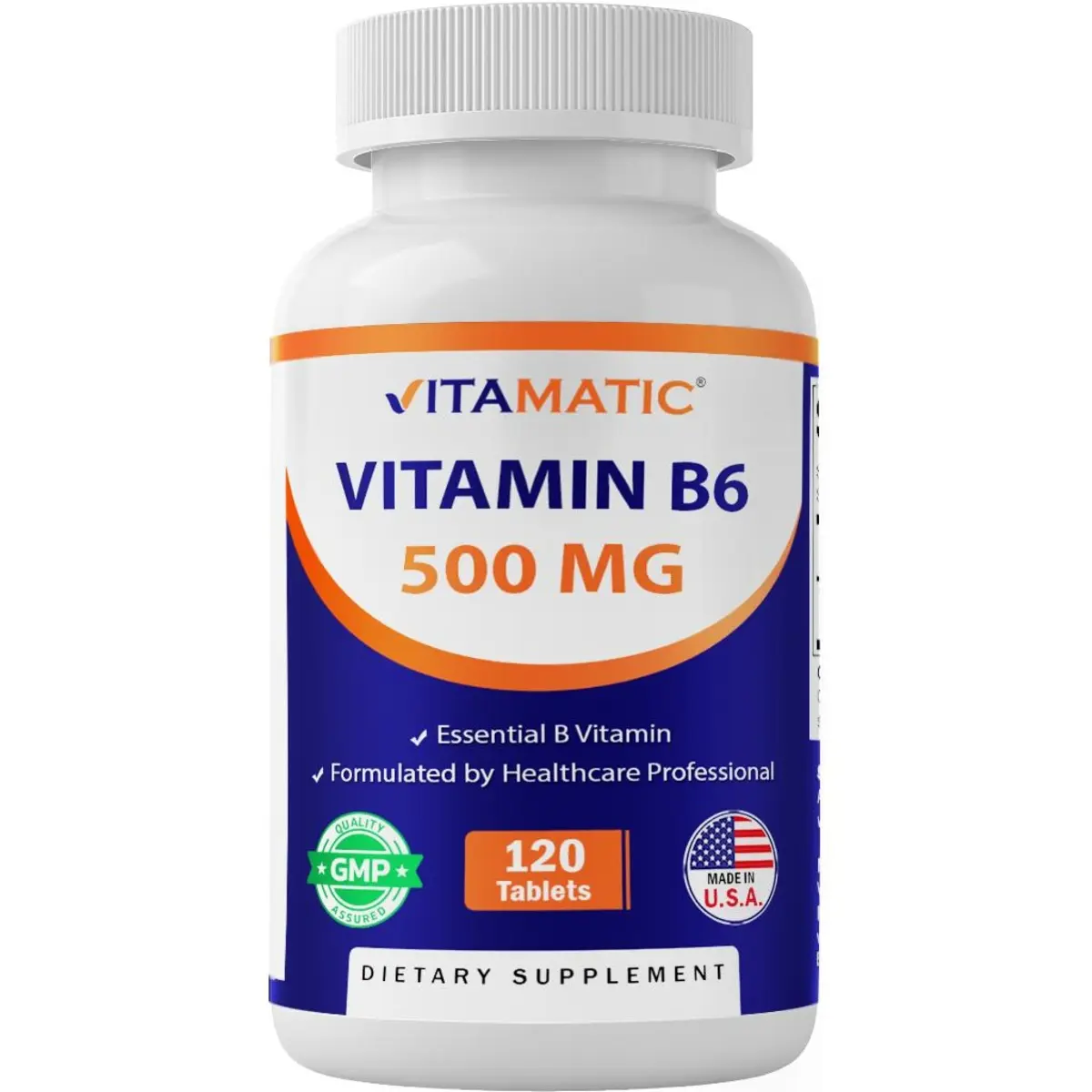 Vitamatic Doctor-Formulated Multi-Ingredient Dietary Wellness Supplement, 500mg Vitamin B6 (Pyridoxine HCI) 0-Sugar Gluten-Free Vegetarian Tablets, 120-Count - US Healthcare Support for Energy Production, Metabolism Boost, Wellness Supplements