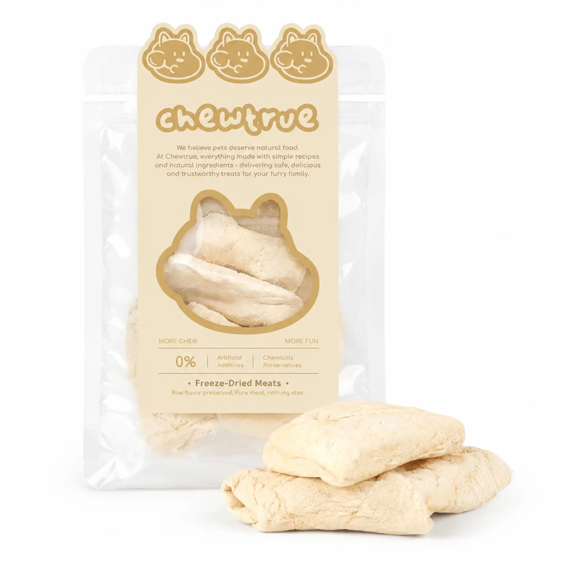 ChewTrue Freeze-dried rabbit tenderloin pet treats, with high-quality animal protein, hypoallergenic, low in fat and easy to digest, support gut health, salt-free with no additives, ideal for training rewards, suitable for dogs and cats.（Pack size：20g）