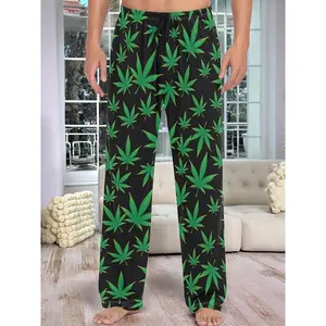 Men's Leaf Print Pajama Pants, Casual Home Wear Long Sleepwear Bottoms, Faux Drawstring Design, All-Season Comfortable Loungewear