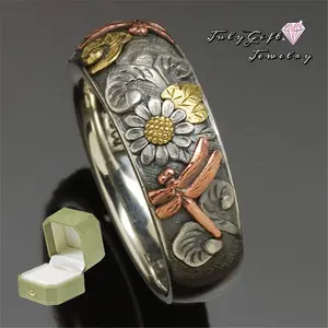 Retro Vintage Hammered Dragonfly Leaf Flower Sunflower Pattern Band Ring Anniversary Engagement Wedding Band Ring Send Gift Box