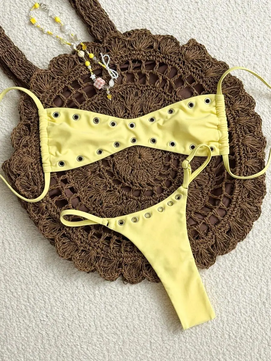 SOLARA 2026 New Women's Solid Color Sexy Bandeau Beach Vacation Casual Sexy Swimwear Set Yellow Bikini Set