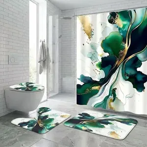 4Pcs Shower Curtain Set Green Marble, Gold Foil, Abstract Wave, Bathroom Sets with Rugs, Christmas Halloween Thanksgiving, Bathroom Decor, Elegant Green And Gold Fluid Patterns On White Background
