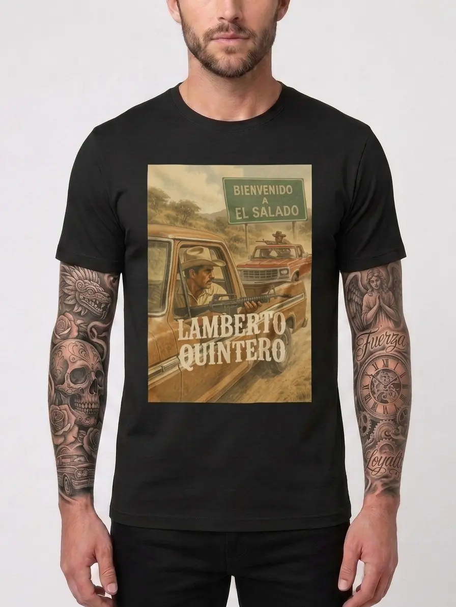 Lamberto Quintero Graphic T-Shirt for Men, 100% Cotton Retro Basic Crew Neck, Fitted Cut Vintage Streetwear, Mexican Corrido Music Inspired, Shortsleeve, Menswear, Digital Print, Mexican Theme, Garments, Casual