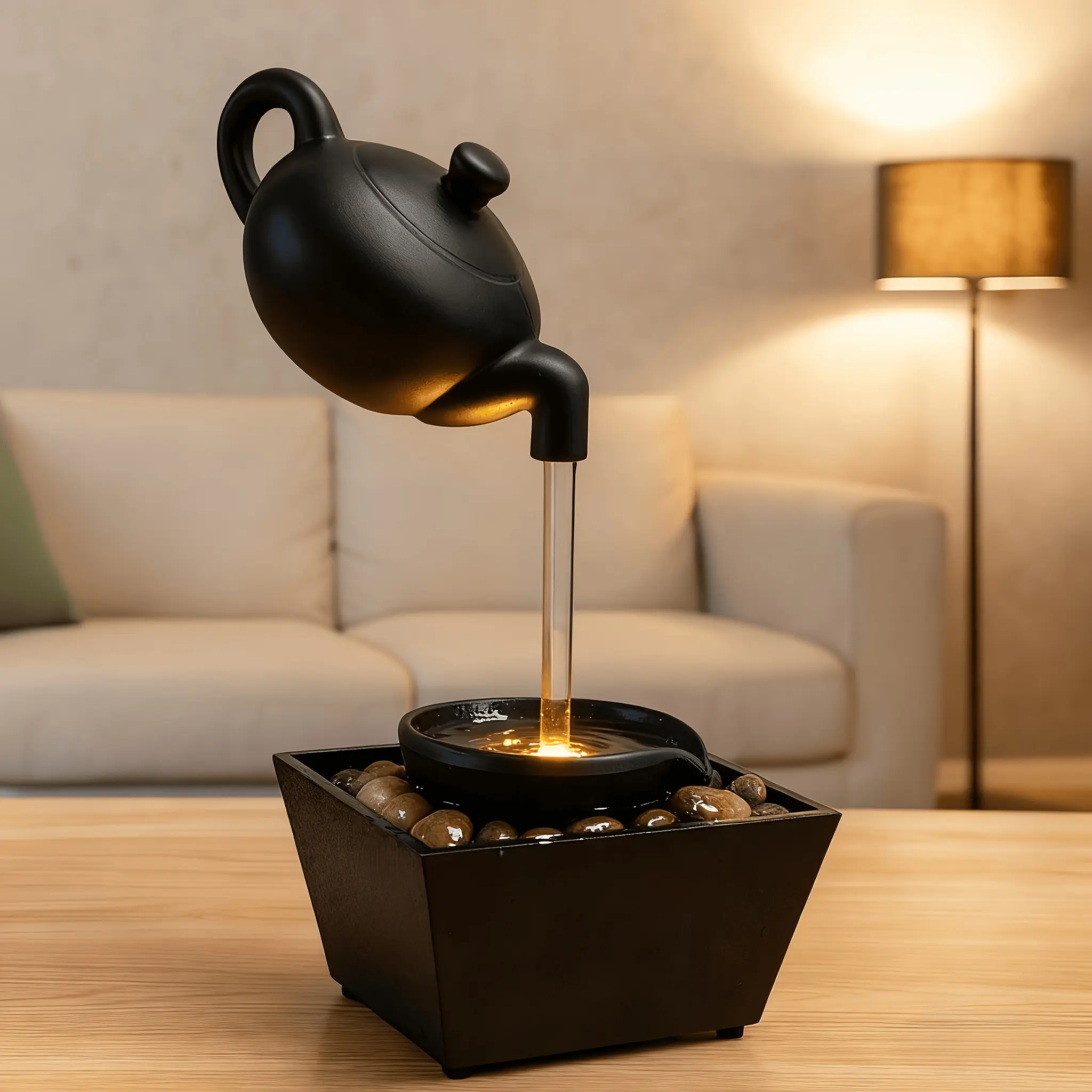 Zen Teapot Water Fountain Lamp with Soothing LED Glow & Water Flow - Black Resin Relaxation Fountain, Pebble Bed for Home/Office Decor,, Meditation Aid, Warm Light Gift for s ( Operation)