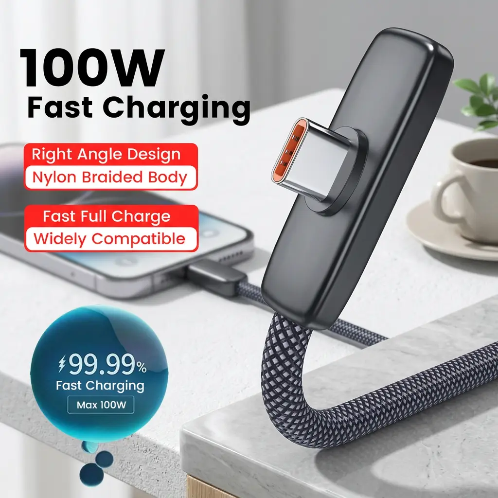 100W Fast Charging 90-Degree Elbow USB C Phone Charger Cable Type-c to Type-C Data Cord  for iPhone 15 16 17 Pro Max for Samsung for Oneplus