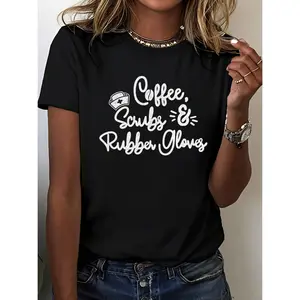 Women's Funny Nurse Life T-Shirt with Coffee Scrubs Rubber Gloves Print 100% Cotton Crew Neck Short Sleeve Black