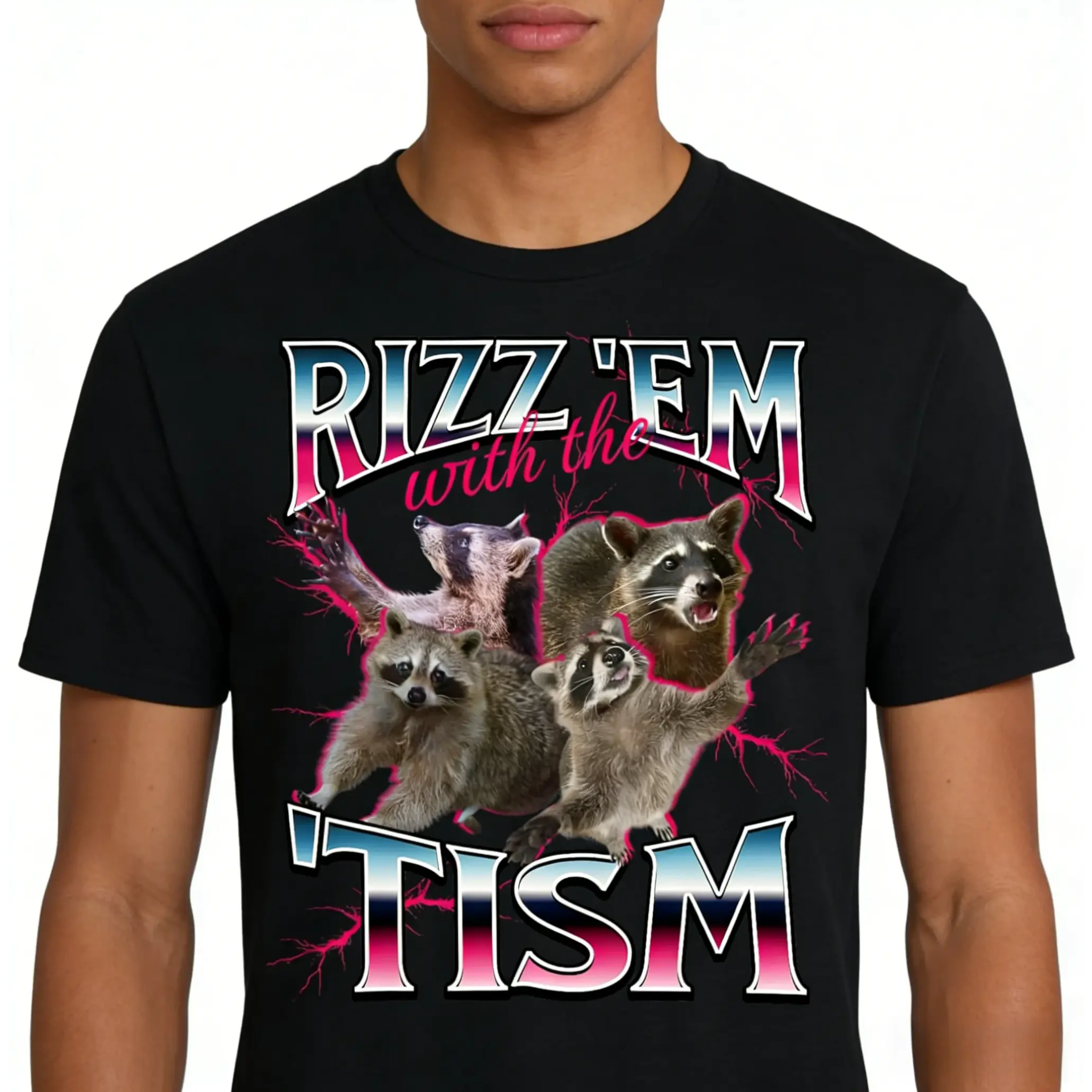 Rizz Em With The Tism Meme Autistic Raccoon T-Shirt, Unisex Neurodiversity Pride Graphic Tee, Sarcastic Novelty Apparel for Men and Women, Casual Internet Culture Fashion Top, Animal Humor Streetwear Shirt