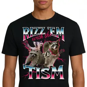 Rizz Em With The Tism Meme Autistic Raccoon T-Shirt, Unisex Neurodiversity Pride Graphic Tee, Sarcastic Novelty Apparel for Men and Women, Casual Internet Culture Fashion Top, Animal Humor Streetwear Shirt