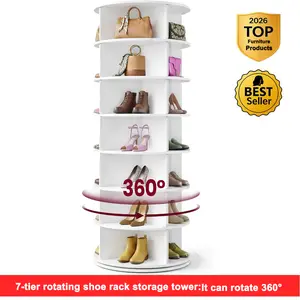 7 Tiers Rotating Shoe Rack Tower, 360° Spinning Shoe Rack, Revolving Storage Round Carousel Display, Freestanding Lazy Susan Organizer Display for Bedroom, Living Room, Entryway, Closet, White