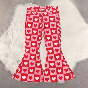 New Clothes Girls Plaid Heart Denim Pants Valentine's Day Unique Patterned Jeans for Kids