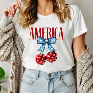 Large size,womens street style shirt,Comfort America Cherries Bow Shirt, America Cherries 4th of July Shirt, Patriotic Women Shirt, Girly 4th of July Shirt, USA Flag Tee,boxy tshirt,high,quality,shirts,camiseta con estampado