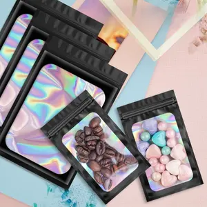 Black Polyester Holographic Self-sealing Bag, Transparent Resealable Foil Bag, Suitable for Food Storage, Lip Gloss, Jewelry, and Eyelash Packaging