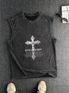 Cotton Vintage Distressed Men's Vest Round Neck Trendy Sleeveless Shirt, Summer Fashion for Men, Casual Knitwear, Age 35-44, Moderate Thickness