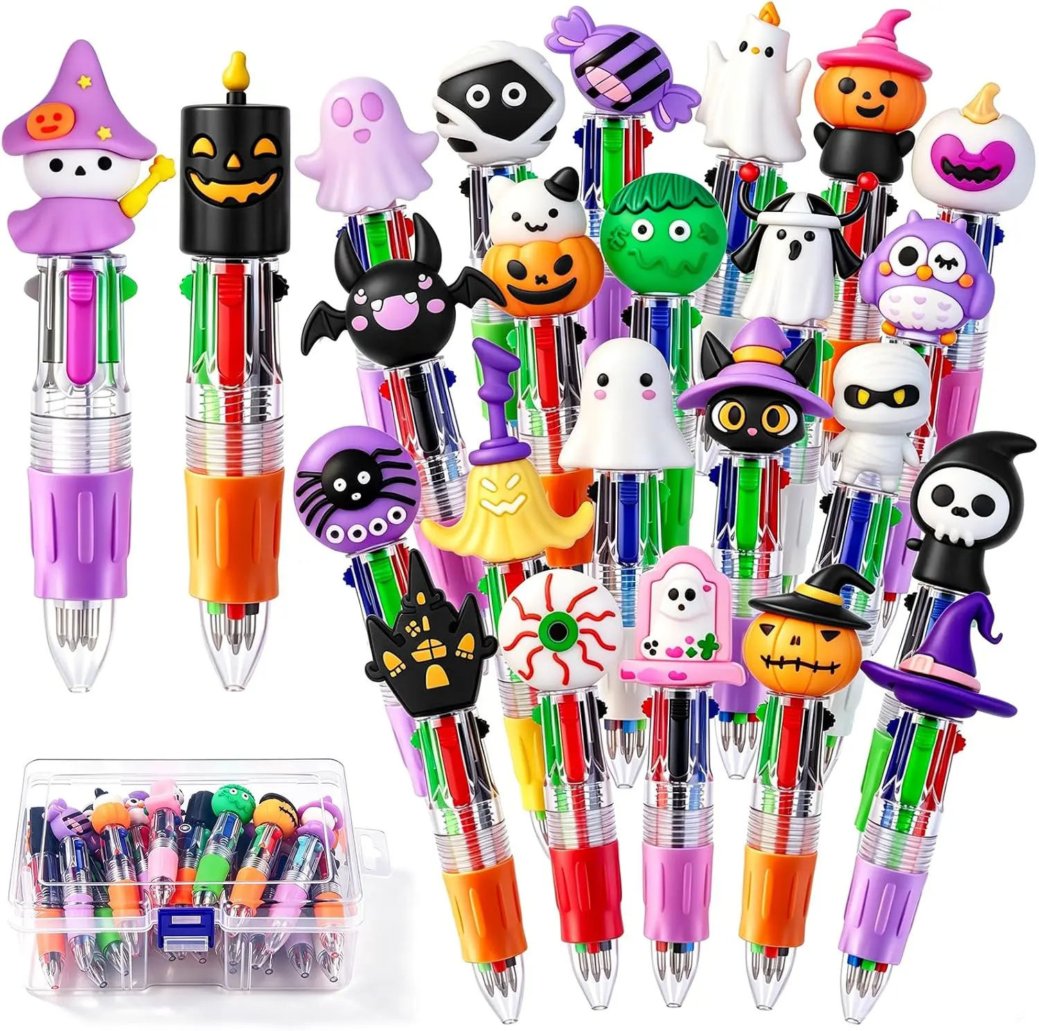 24PCS Halloween Fun Mini Multicolor Pens 4-in-1 for Party Favors Gift | Halloween Retractable Ballpoint Pens Cute Pumpkin Ghost Bat Witch Skull Pens Halloween Goodie Bag Fillers Classroom Rewards