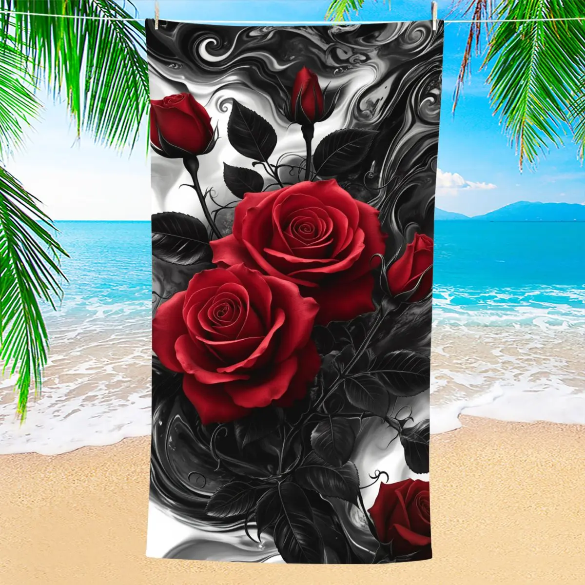 1pc of Red Rose Black And White Abstract Pattern Design Beach Towel, Large Quick-Dry Bath Towel Suitable for Both Men And Women for Pool, Spa, Travel, And Outdoor Use, Quick Dry Towels For Travel, Quick Drying Towels