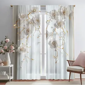 2-Piece floral curtains, Window curtain - modern white rose and gold branch print translucent gauze curtain, 100% polyester machine washable rod bag design, suitable for bedroom, living room, home decoration, light blackout curtains, exquisite materials