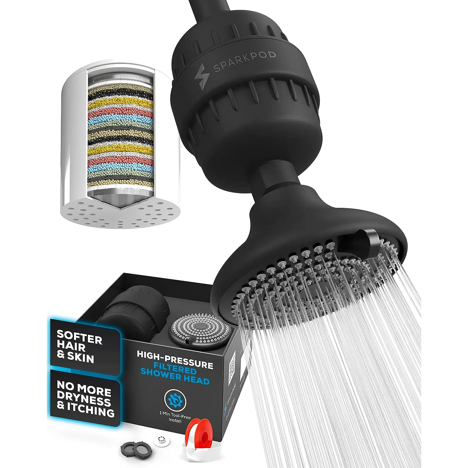 Sparkpod 23-Stage Filtered Shower Head with 3 Spray Settings - High Pressure Shower Head with Filters for Dry Hair and Skin - Showerhead with Filter Reduces Chlorine & Heavy Metals (Black Matte) Spark Pod LLC