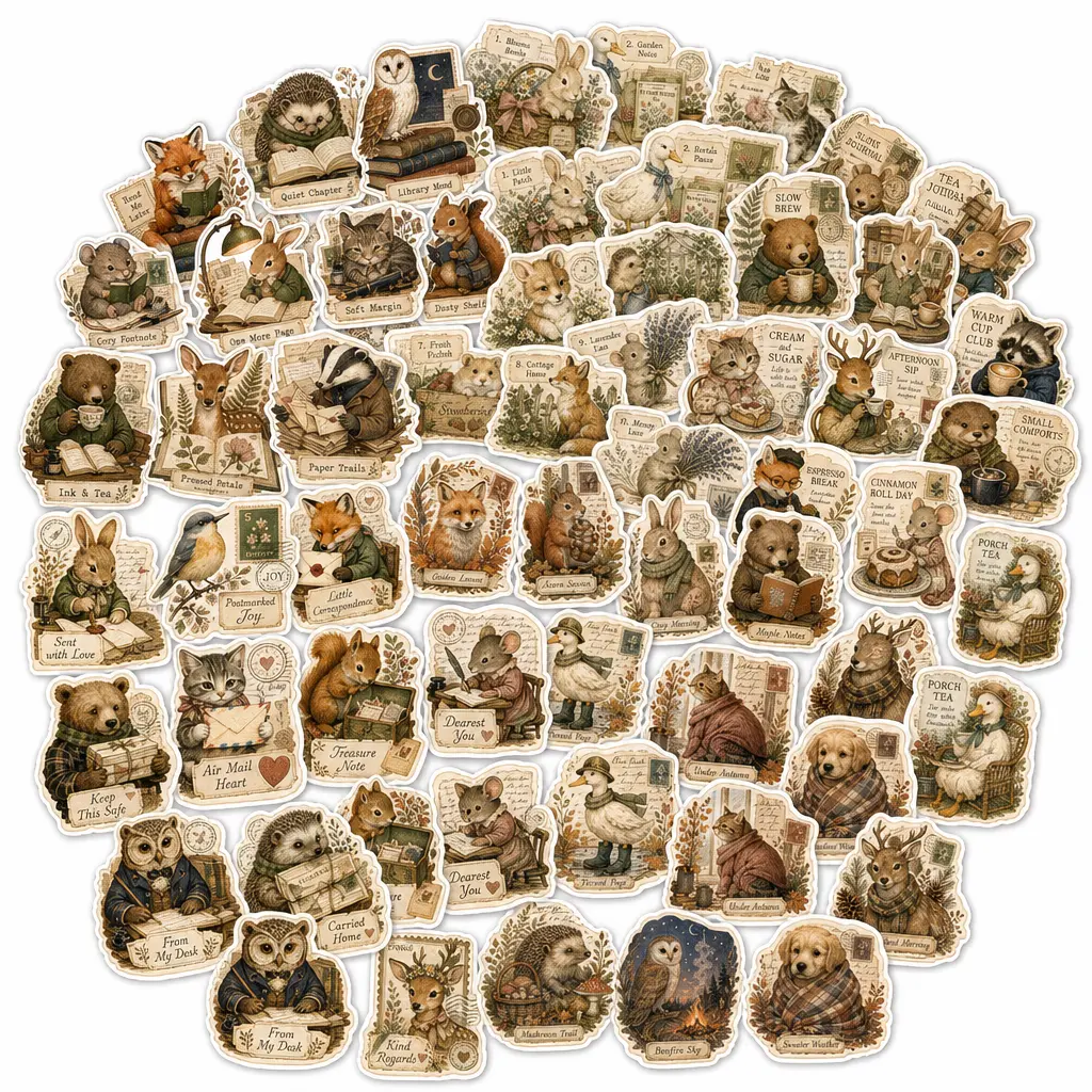 Vintage Woodland Critters Die-Cut Stickers - 50 Soft, Waterproof, Durable Vinyl Cottagecore Animal Decals with Elegant Matte Styling, Easy to Mix, Everyday Setup Scrapbooking Craft Supplies for Journals & Stamping DIY Projects