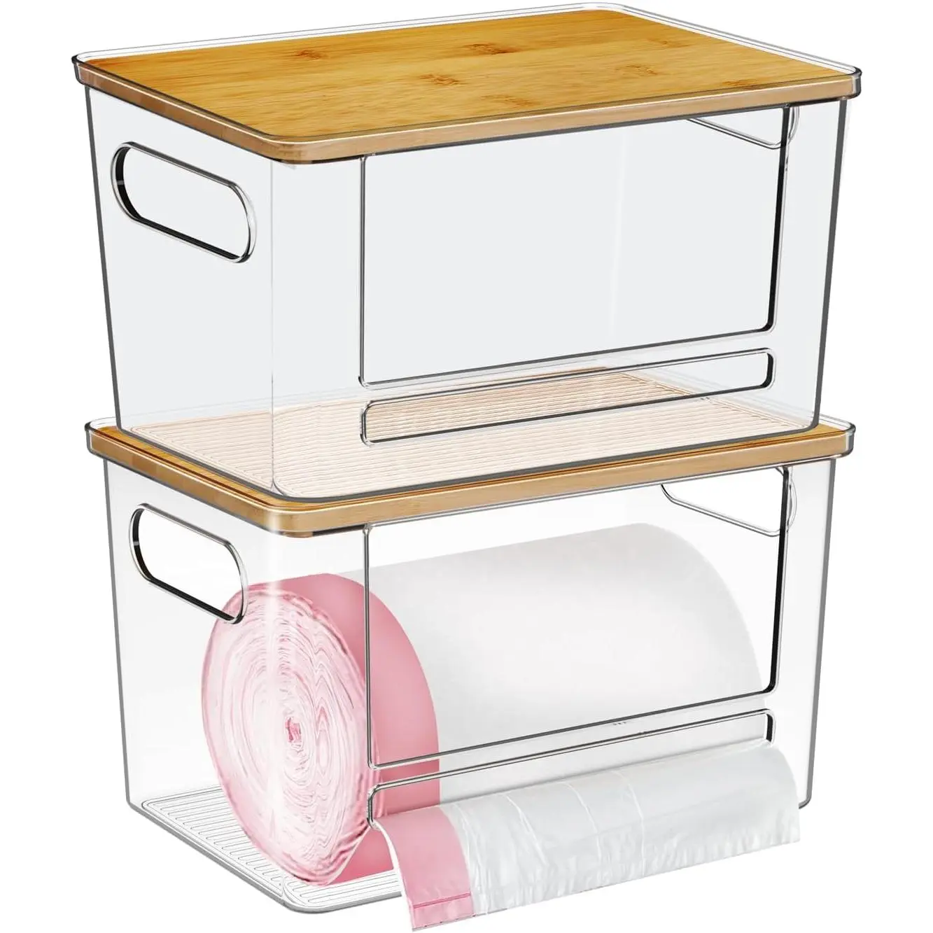 Trash Bag Dispenser 2 Pack, Acrylic Garbage Bags Dispenser with Bamboo Top, Extra Large Trash Bag Holder Dispensers Under Sink for Kitchen, Cabinet, Laundry Room, Pantry Organizer and Storage