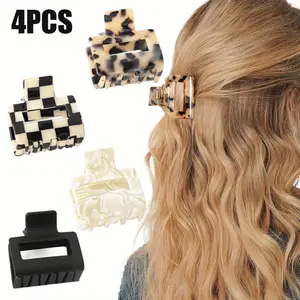 4 PCS Checkered Hair Claw Clips, 2" Multicolored Square Hair Clipsfor Thin Hair, Small Non-Slip Claw Clips Rectangle Hair Styling Accessories with Strong Hold