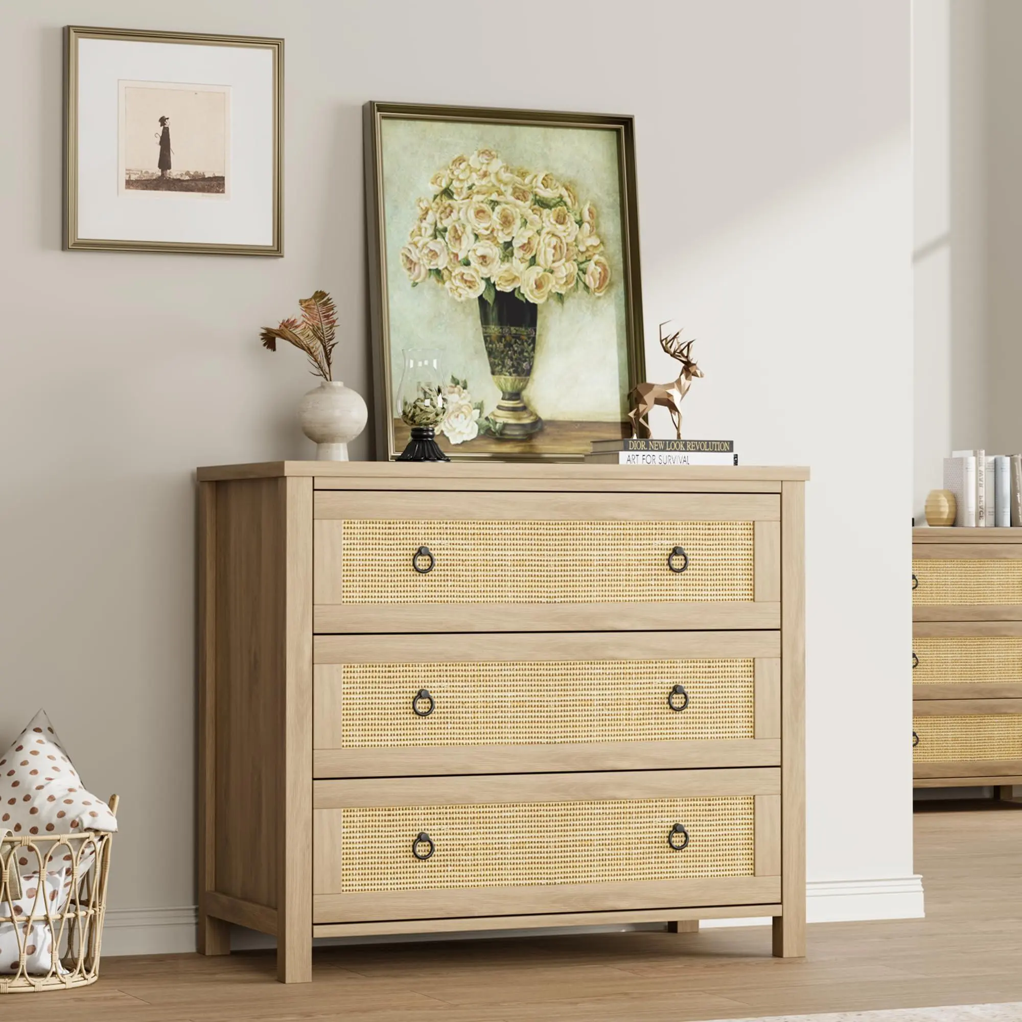 3 Drawer Rattan Dresser for Bedroom, Boho Wood Chest of Drawers with Ring Handles, Freestanding Cabinet