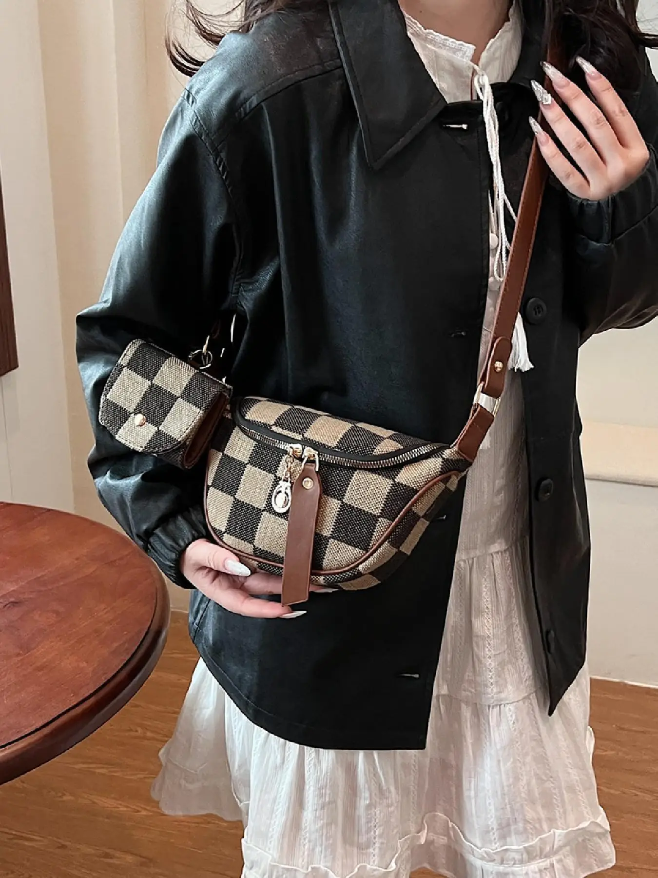 Fashionable Checkerboard Pattern Shoulder Bag with Coin Purse, Casual Versatile Colorblock Zipper Chest Bag for Women, Trendy All-match Sling Bag for